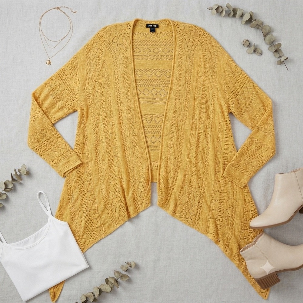 Torrid Mustard Yellow Pointelle Knit Sharkbite Open Front‎ Cardigan Plus Size 3